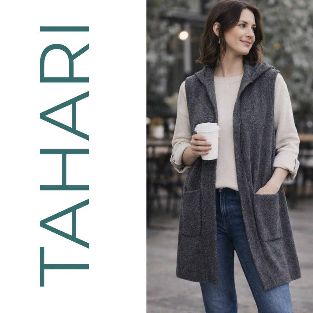 TAHARI Wool Blend Sleeveless Long Vest Cardigan Hood Gray‎ Cozy Minimalist Small